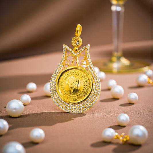 22 Ayar Altın Kaplama Yarım Altınlı Zirkon Taşlı Lale Kolye Ucu